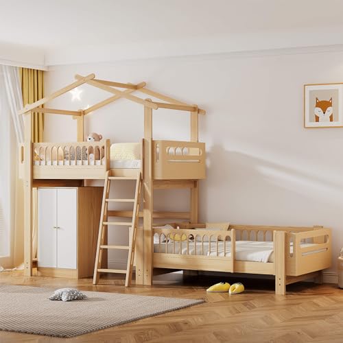 MQGPM Kinderbett Etagenbett 90x200cm mit Rausfallschutz und Kinder Kleiderschrank, Baumhaus Hochbett mit Massivholz Lattenrost und Dachdekoration, Herausnehmbares Unterbett, für 2 Kinder Jugendliche von MQGPM