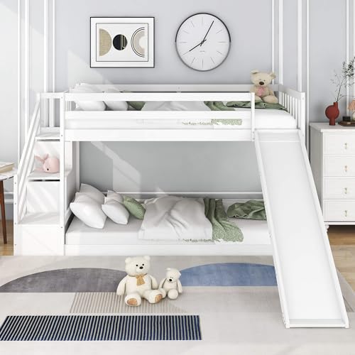 MQGPM Kinderbett Etagenbett mit Treppe und Rutsche 90x200cm mit Rausfallschutz und Speicherung, Hochbett mit Stabiler Kiefernholzrahmen Lattenrost Stockbett für 2 Kinder für Spielendes Lernen von MQGPM