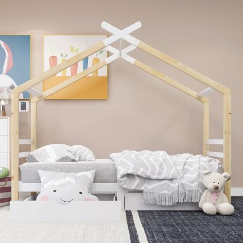 MQGPM Kinderbett Hausbett 90 x 200cm mit Speicherung und Rausfallschutz, Kinder Haus Bett mit Zwei Schubladen für Jungen & Mädchen, Kiefernholz, Weiß & Holzfarbe von MQGPM