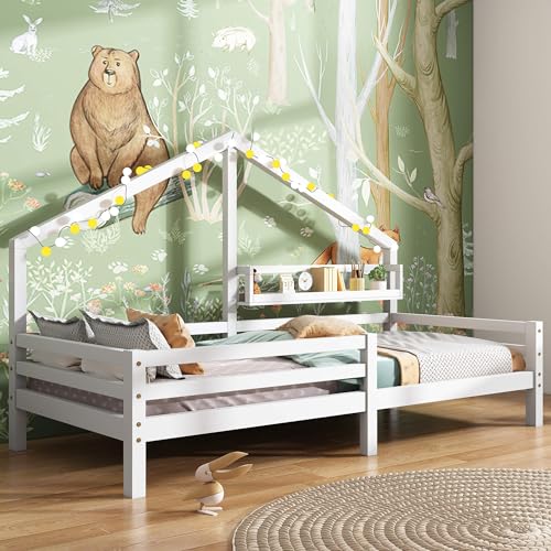 MQGPM Kinderbett Hausbett 90x200cm mit Rausfallschutz & Lattenrost, Baumhausbett Bodenbett mit Ablageregal Kaminform & Dachdekoration für 2 Kinder Vielseitiges Bett für Spielendes Lernen von MQGPM