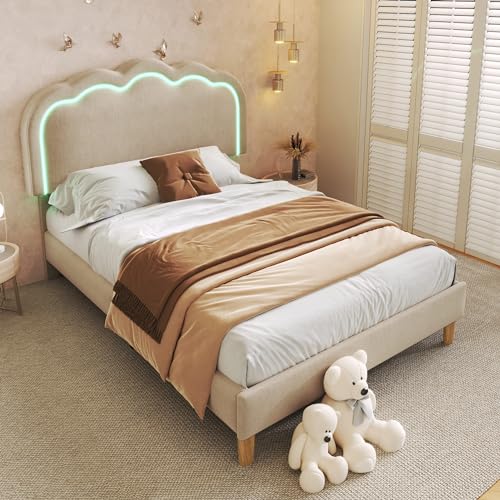 MQGPM Kinderbett Polsterbett 90 x 190cm mit LED und Verstellbares Kopfteil, Boxspringbett Jugendbett mit Lattenrost, Hautfreundliche Leinenmaterial, Beige von MQGPM