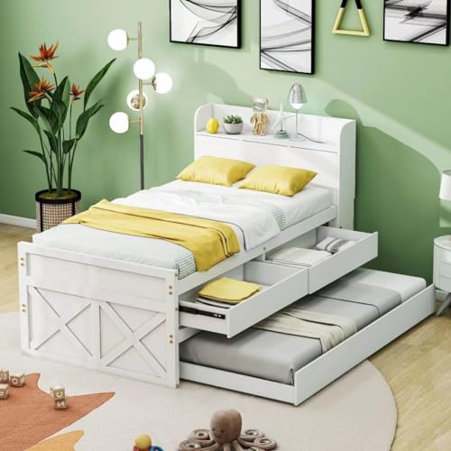 MQGPM Kinderbett Polsterbett 90x190cm mit Holz Lattenroste und Bettgestell, Jugendbett Einzelbett mit Stauraumschublade und Ausziehbarem Bett, Nachttisch mit Ablagen, für Junge Mädchen, Ohne Matratze von MQGPM