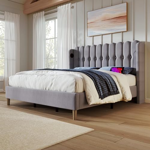 MQGPM Polsterbett 140 x 200 cm mit USB & Typ C Ladefunktion und Stauraum, Bettgestell mit Lattenrost, Jugendbett, Doppelbett mit Gepolsterten Kopfteil, Leinen, Grau, Ohne Matratze von MQGPM