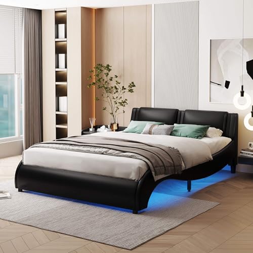 MQGPM Polsterbett 140x200 cm, Doppelbett mit Rückenlehne und Lattenrost, Bett für Schlafzimmer und Gästezimmer, Holzlattenunterstützung, PU-Material, Schwarz von MQGPM