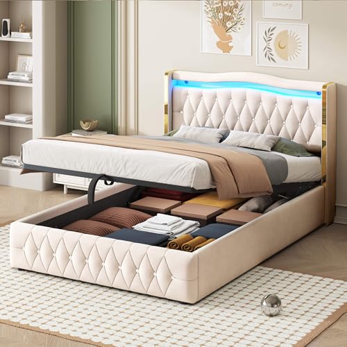 MQGPM Polsterbett 140x200 cm, Hydraulisches Bett mit Bettkasten und Beleuchtung, Stauraumbett Doppelbett mit Gepolstertes Kopfteil und Lattenrost, Samt, Beige von MQGPM