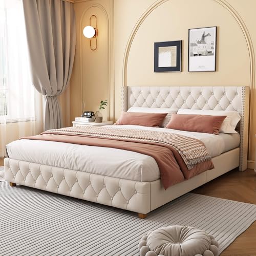 MQGPM Polsterbett Doppelbett 140x190 cm, Bett mit Gepolstertes Kopfteil und Holzbettbeine, Bettgestell mit Lattenrost, für Schlafzimmer und Gästezimmer, Leinen, Ohne Matratze, Beige MQGPM Polsterbett Doppelbett 140x190 cm, Bett mit Gepolstertes Kopfteil und Holzbettbeine, Bettgestell mit Lattenrost, für Schlafzimmer und Gästezimmer, Leinen, Ohne Matratze, Beige von MQGPM