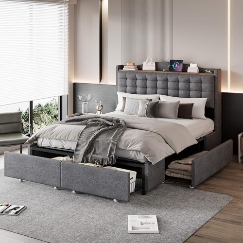 MQGPM Polsterbett Stauraumbett 140x200 cm, Bett mit Schubladen, Kopfteil mit Stauraum, Bettgestell mit Lattenrost, Leinen, Grau MQGPM Polsterbett Stauraumbett 140x200 cm, Bett mit Schubladen, Kopfteil mit Stauraum, Bettgestell mit Lattenrost, Leinen, Grau von MQGPM