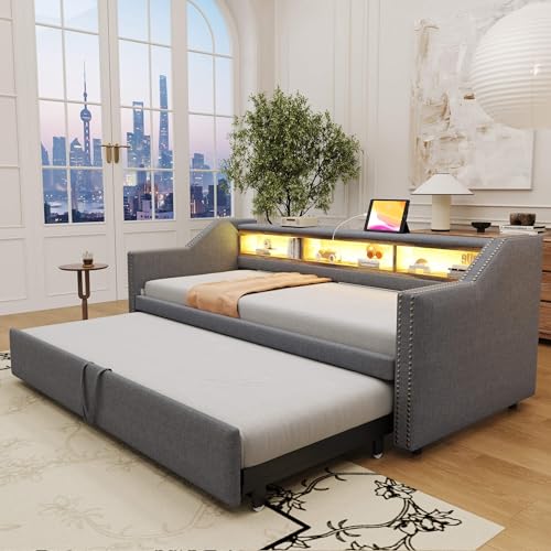 MQGPM Polsterbett Tagesbett 90x190 cm, Schlafsofa Multifunktionsbett mit Multifunktionales Staufach und Ausziehbett, Bettgestell mit Stauraum und Lattenrost, Daybett, Leinenstoff, Grau von MQGPM