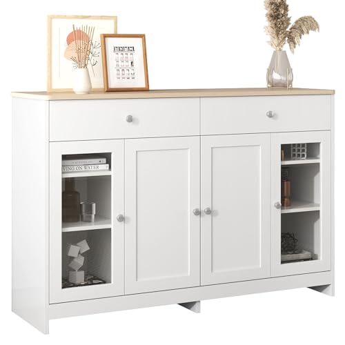 MQGPM Sideboard Kommode 120 x 37 x 80 cm Anrichte mit 2 Schubladen und 4 Türen, Beistellschrank Vitrine mit Glas Tür, Moderne Beistellschrank Schrank Mehrzweckschrank Flurschrank, Viel Stauraum von MQGPM