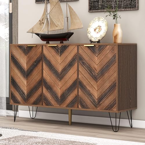 MQGPM Sideboard Küchenschrank 120x38x76.5cm Anrichte mit 6 Stauraumfächer und 3 Türen, Tür aus Massivholzfurnier, konkave und Konvexe Haptik, Moderne Beistellschrank Mehrzweckschrank von MQGPM