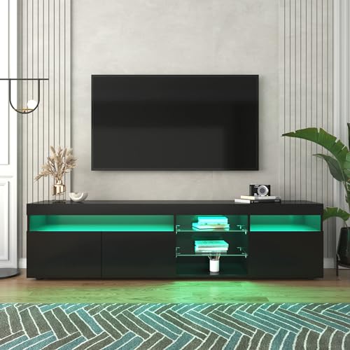 MQGPM TV-Schrank, für unter 75-Zoll-Fernseher, Lowboard mit 3 Türen und 4 Fächer, Fernsehschrank mit Helles Panel und Offenes Ablagefach, TV Sideboard TV Board, für Wohnzimmer Esszimmer, Schwarz von MQGPM