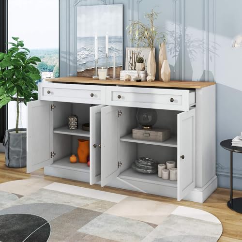 Sideboard Küchenschrank mit 4 Türen und 2 Schubladen Buffetschrank, Modernes Sideboard im minimalistischen Stil Mehrzweckschrank für Flur Schlafzimmer Wohnzimmer Esszimmer Küche, (Antikweiß+Holz) von MQGPM