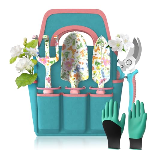 6-teiliges Gartengeräte-Set, Garten-Handwerkzeuge aus Aluminiumlegierung Starter-Kit mit Gartentasche, Robustes Outdoor-Werkzeug-Set mit ergonomischem Griff, Garten-Geschenke (Blumenmuster) von MQHUAYU