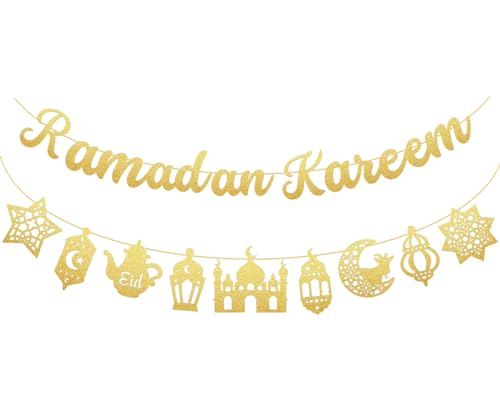 2 Stücke Ramadan Kareem Girlande, Eid Mubarak Dekoration, Ramadan Mubarak, Gold Glitzerndes Ramadan Kareem Banner, Eid Dekoration, Ramadan Deko, Ramadan Banner Für Haus Party Lieferung Ramadan von MQIAN