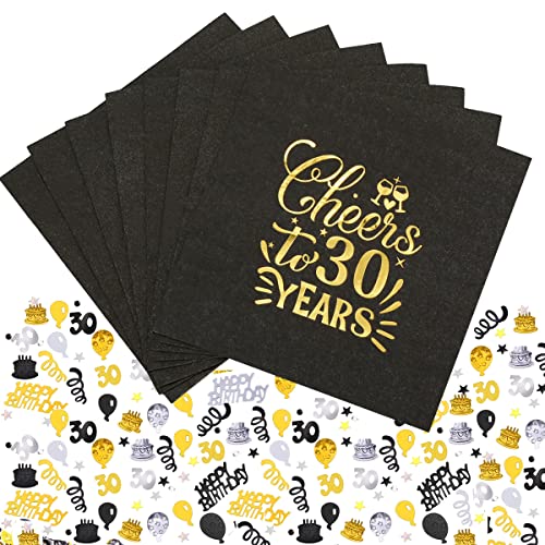 Servietten 30. Geburtstag, 20 Stück Servietten Geburtstag, Happy Birthday Servietten 33X33Cm, Cheers To 30 Years Papierservietten, Geburtstag Servietten Schwarz Gold, Tischdeko 30 Geburtstag von MQIAN