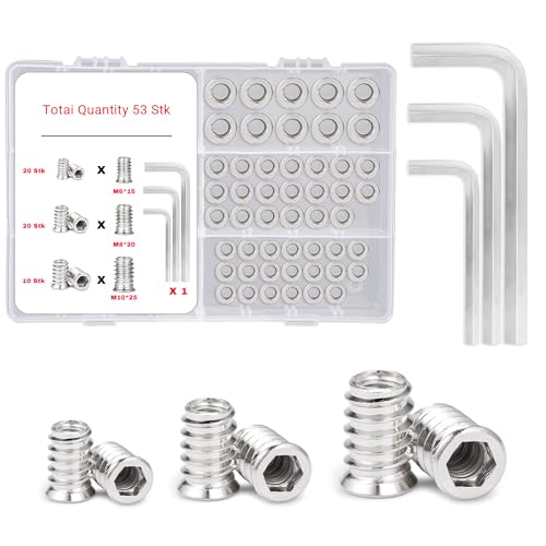 50 Stück Einschraubmutter Set für Holzmöbel(M6x15mm, M8x20mm, M10x25mm), Gewindeeinsätze Schraubdübel Einschraubmuffen mit 3 Stück entsprechende Sechskantschlüssel von MQIGO