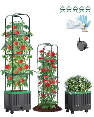 Rankhilfe Obelisk mit Blumenkasten auf Rollen, 174cm Selbstbewässerung Tomatentopf Hochbeet Pflanzkasten für Kletterpflanzen zum Klettern Garten Obelisk Tomatenturm für Patio Gewächshaus Gartenarbeit von MQJIAZHI