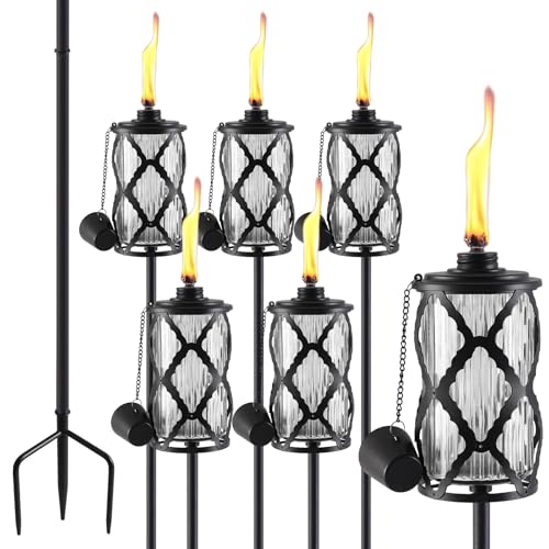 MQKIWAO Citronella-Fackeln aus Glas, 473 ml, Gartenfackeln für den Außenbereich, 140 cm, klares Glas, Citronella-Fackeln mit 3 Zinken, Erdspieß für Garten, Terrasse, Party, Landschaftsdekoration, 6 von MQKIWAO