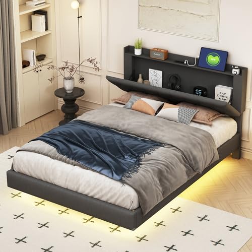 MQLAE Bett 140x200 cm, Polsterbett mit Staufach&USB-Ladeanschluss und LED-Farbwechsel-Lichtleiste, Doppelbett in Hautfreundlichem Leinenstoff mit Lattenrost,Solide Metallstütze, ohne Matratze (Grau) von MQLAE