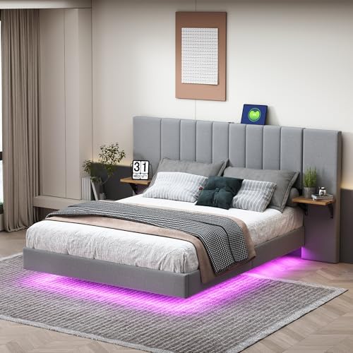 Bett 140x200cm mit LED Beleuchtung USB-Ladefunktion Bettgestell 140x200 mit Lattenrost Floating Bed Frame Gästebett Jugendbett Verlängertes und Vergrößertes Kopfteil-Bett mit Ablagen, Leinen, Grau Bett 140x200cm mit LED Beleuchtung USB-Ladefunktion Bettgestell 140x200 mit Lattenrost Floating Bed Frame Gästebett Jugendbett Verlängertes und Vergrößertes Kopfteil-Bett mit Ablagen, Leinen, Grau von MQLAE