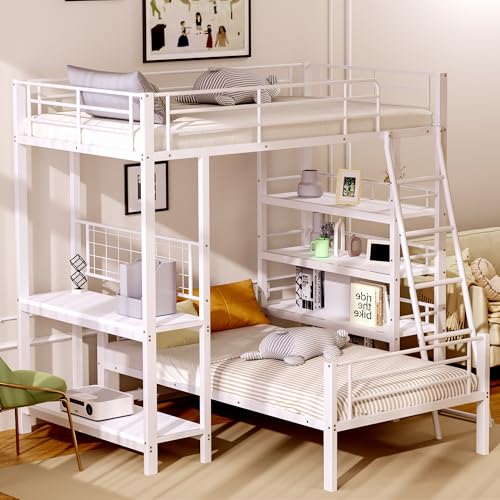 Etagenbett Hochbett 90 x 200, Metallrahmen Jugendbett Multifunktionsbett mit Mehreren Ablagefächern, Doppelbett mit Schreibtisch mit Regalen, Platzsparendes Jugendzimmer Kinderbett Hochbett, Weiß Etagenbett Hochbett 90 x 200, Metallrahmen Jugendbett Multifunktionsbett mit Mehreren Ablagefächern, Doppelbett mit Schreibtisch mit Regalen, Platzsparendes Jugendzimmer Kinderbett Hochbett, Weiß von MQLAE