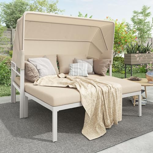 Gartenmöbel-Set, Lounge Möbel Outdoor, Garten-Schlafsofa mit Markise - Wetterfest, Viersitzer, verzinktes Stahlrohr, abnehmbare und waschbare Sitzkissen, Loungemöbel (Beige) von MQLAE