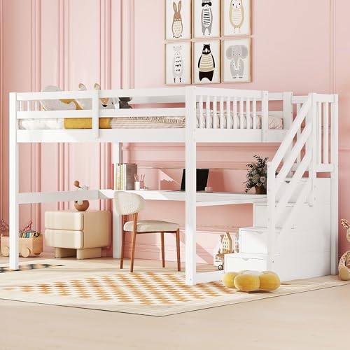 Kinderbett Hochbett 140x200, Multifunktionsbett Stauraumbett mit Stauraumtreppe und integrierter Schreibtisch, Bettgestell mit Lattenrost und Rausfallschutz, Jugendbett, Stockbett für 2 Kinder, Weiß von MQLAE