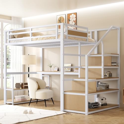 MQLAE Bett 140x200 mit Aufbewahrungsleiter mit Regalen und Tisch, Hochbett Sicherheitszaun-Design mit Gespleißten Metallplanken, Eisenrahmenbett mit Metallrahmen für Stabile Unterstützung, Weiß von MQLAE
