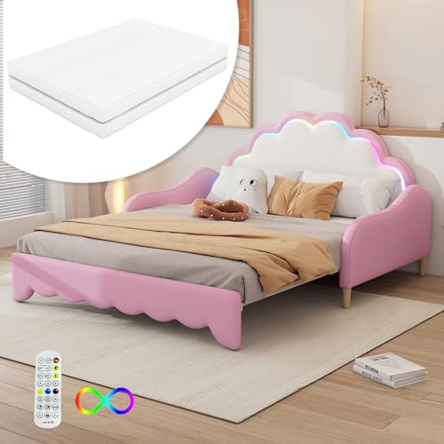 MQLAE Bett 140x200 mit Matratze und Lattenrost, Polsterbett mit ausziehbares Bett, Kopfteil mit LED-Ambientebeleuchtung, Tagesbett Sofabett, Doppelbett Bettgestell, PU (Rosa) von MQLAE