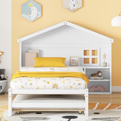 MQLAE Hausbett 90x200cm, hausförmiges Kinderbett, flaches Bett mit ausziehbarer Bett für 2 Kinder, Kopfteil mit Stauraum, kleines Fensterdekorationsdesign, inklusive Lattenrost, Massivholz (Weiß) von MQLAE