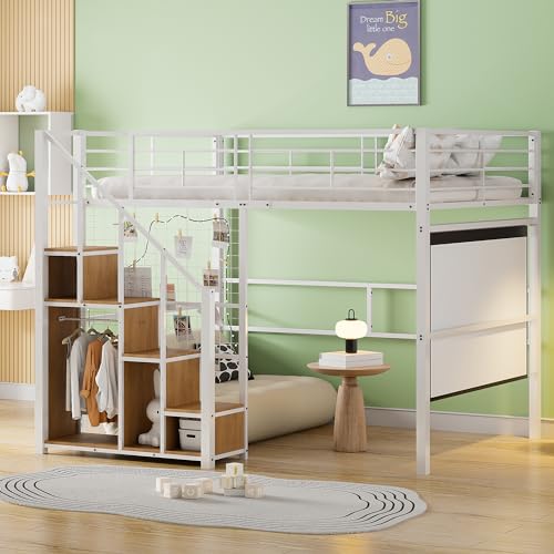 MQLAE Hochbett 140x200 mit Kleiderschrank, Metallbett Eisenbett mit Lattenrost, Sicherheitsleiter mit Ablagefläche, Kinderbett, Jugendbett, Erwachsenenbett, hohes Geländer - Rausfallschutz, Bett Weiß MQLAE Hochbett 140x200 mit Kleiderschrank, Metallbett Eisenbett mit Lattenrost, Sicherheitsleiter mit Ablagefläche, Kinderbett, Jugendbett, Erwachsenenbett, hohes Geländer - Rausfallschutz, Bett Weiß von MQLAE