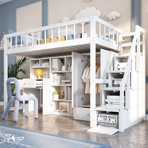 MQLAE Hochbett 90x200, Kinderhochbett mit Schreibtisch, Bücherregal, Schließfächern, Schrank, Treppe, Kinderzimmer/Jugendzimmer Komplett Set, Multifunktionales Kinderbett Jugendbett, Massivholz, Weiß MQLAE Hochbett 90x200, Kinderhochbett mit Schreibtisch, Bücherregal, Schließfächern, Schrank, Treppe, Kinderzimmer/Jugendzimmer Komplett Set, Multifunktionales Kinderbett Jugendbett, Massivholz, Weiß von MQLAE