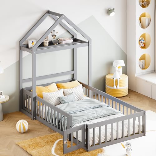 MQLAE Kinderbett 90 x 200, Kinderbettgestell aus Massivholz mit Stauraum, Vollschutzgitter und Türen und Lattenrost, rausfallschutz, Kinder Bett, Hausbett, Ohne Matratze, Grau von MQLAE