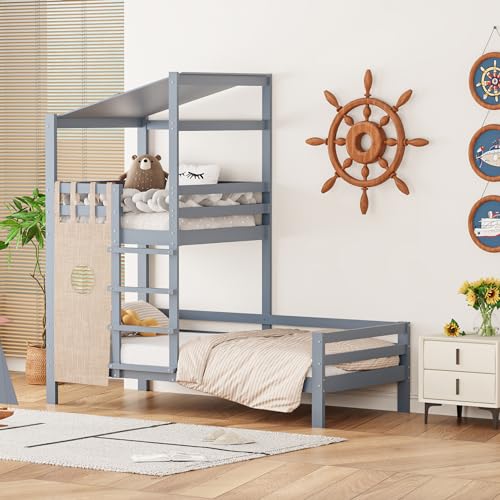 MQLAE Kinderbett 90x200, Hochbett für Kinder, Etagenbett mit Dach, Das obere Bett kann als Lese- und Freizeitbereich genutzt Werden, Massivholzbett, mit Lattenrost, Ohne Matratze (Grau) von MQLAE