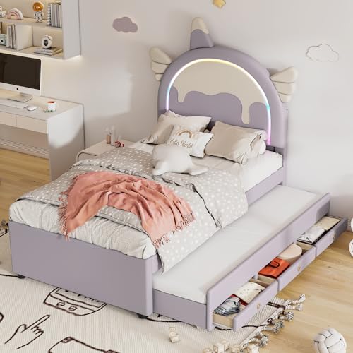 MQLAE Kinderbett 90x200, Polsterbett mit LED-Kopfteil, Cartoon Kinder Bett, Einzelbett mit Ausziehbares Bett und 3 Stauraum Schublade, Bettgestell mit Lattenrost, PU, Violett, Ohne Matratze von MQLAE