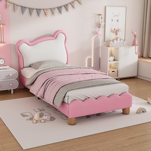 MQLAE Kinderbett 90x200cm, Polsterbett mit kuscheligem Bärenkopfteil, Kinder Bett, Mädchenbett, Jugendbett, Einzelbett Bettrahmen mit Holzlattenrost, PU, Rosa, Ohne Matratze von MQLAE