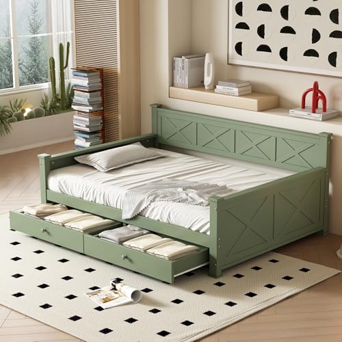 MQLAE Kinderbett 90x200cm mit Schubladen, Einzellbett Funktionsbett für Kinder, Tagesbett Bett mit Lattenrost, Kiefernholz, Holzbett, Grün MQLAE Kinderbett 90x200cm mit Schubladen, Einzellbett Funktionsbett für Kinder, Tagesbett Bett mit Lattenrost, Kiefernholz, Holzbett, Grün von MQLAE