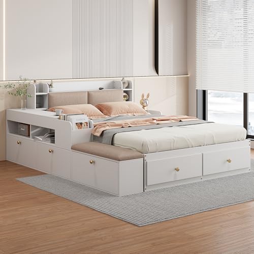 MQLAE Kinderbett Jugendbett 140x200, Stauraumbett Funktionsbett mit Stauraum-Kopfteil(mit Kissen)&Schubladen&Nachttisch&Langschrank&Sofabank, Massivholz-Kombi-Bett, Tatamibett, Inkl Lattenrost, Weiß von MQLAE