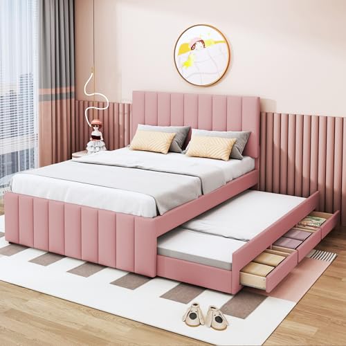 MQLAE Kinderbett Polsterbett 140 x 200 cm mit Ausziehbett und Schubladen, hautfreundliche Leinenpolsterung, Gepolstertes Kopfteil Bett, Doppelbett, Jugendbett, Ausziehbares Bett (Rosa) von MQLAE