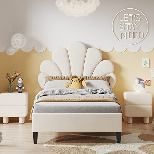 MQLAE Kinderbett Polsterbett 90 x 200 cm, Einzelbett Bettgestell mit Kopfteil in Blumenform und Lattenrost, Teenie-Mädchenbett in hautfreundlichem Samtstoff, Kinder Bett Gästebett (Beige) von MQLAE