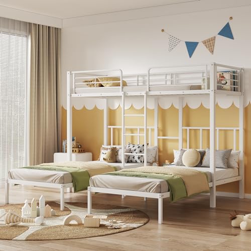 MQLAE Kinderbett für 3 Kinder, Dreierbett 90x200cm, Etagenbett mit Leiter für Kinder und Jugendliche, Eisenbett Hochbett Kinderbett mit Fallschutzgitter und Tisch, Weiß MQLAE Kinderbett für 3 Kinder, Dreierbett 90x200cm, Etagenbett mit Leiter für Kinder und Jugendliche, Eisenbett Hochbett Kinderbett mit Fallschutzgitter und Tisch, Weiß von MQLAE