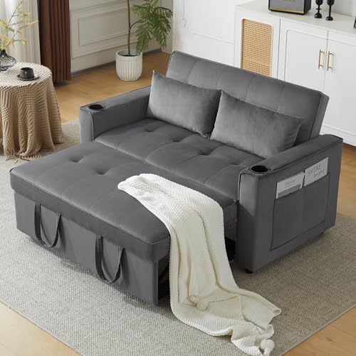MQLAE Klappbares Sofa, Schlafsofa mit Schlaffunktion und Getränkehalter, 2-Sitzer Sofa Bettcouch Gästebett mit Verstellbare Rückenlehne &Tragegriff und Räder für Wohnzimmer Schlafzimmer Büro (Grau) von MQLAE
