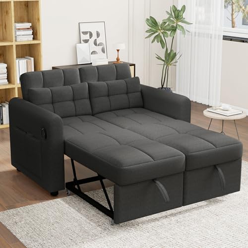 MQLAE Modernes Doppel-Klappschlafsofa, 2-Sitzer Ausziehsofa mit Schlaffunktion, mit verstellbare Rückenlehne&Armlehnentaschen und Kissen, USB-Ladeanschluss, für Wohnzimmer Schlafzimmer Büro (Grau) von MQLAE