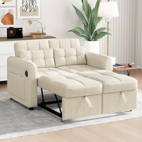 MQLAE Modernes Doppel-Klappschlafsofa, 2-Sitzer Ausziehsofa mit Schlaffunktion, mit verstellbare Rückenlehne&Armlehnentaschen und Kissen, USB-Ladeanschluss, für Wohnzimmer Schlafzimmer Büro (Beige) von MQLAE