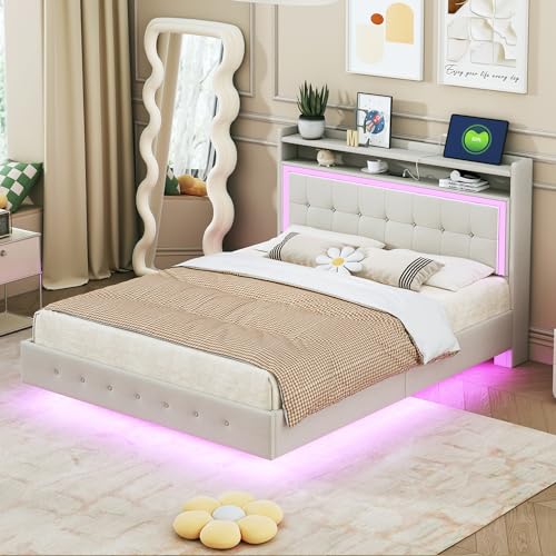 MQLAE Polsterbett 140x200 cm, Doppelbett Schwebebettrahmen mit LED-Beleuchtung und USB-Ladefunktion, Rückenlehne Bettgestell Jugendbett Bett in hautfreundlichem Leinen, Beige, Ohne Matratze MQLAE Polsterbett 140x200 cm, Doppelbett Schwebebettrahmen mit LED-Beleuchtung und USB-Ladefunktion, Rückenlehne Bettgestell Jugendbett Bett in hautfreundlichem Leinen, Beige, Ohne Matratze von MQLAE