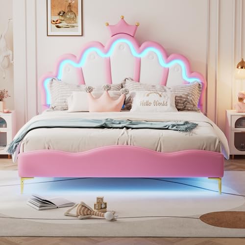 MQLAE Polsterbett 140x200cm, kronenförmiges Prinzessinnenbett, weiche Polsterung aus PU-Leder, Verstellbarer LED-Umgebungslichtstreifen, LED Bett mit lattenrost, Exquisit Mädchenbett, Rosa von MQLAE