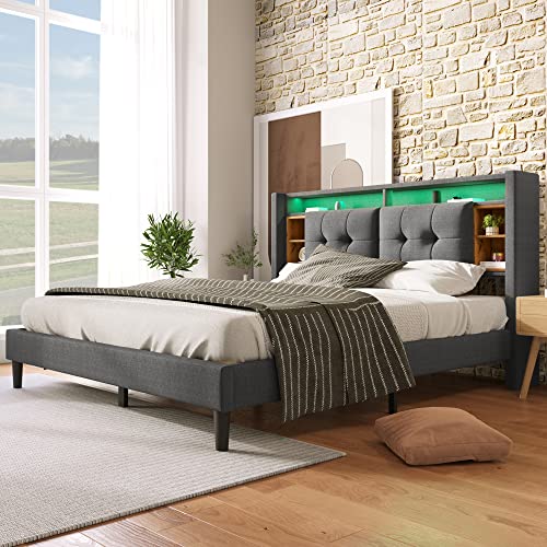 MQLAE Polsterbett 140x200cm Doppelbett Stauraum-Kopfteil Bett mit Aufladen USB und LED-Beleuchtung Bettgestell mit Lattenrost aus Holz, Erwachsenen Jugendbett, ohne Matratze, A-Grau von MQLAE