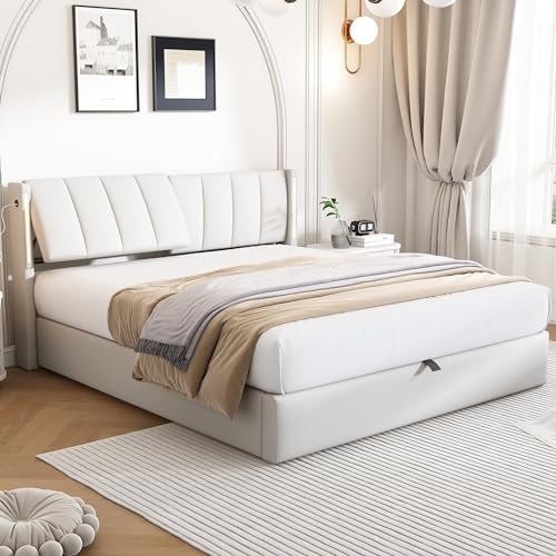 MQLAE Polsterbett 180 x 200 cm mit LED-Beleuchtung und USB-Anschluss, Doppelbett hydraulisches Bett mit Stauraum, verstellbares Kopfteil - Bequeme Rückenlehne, einzigartiges Design, PU, Weiß von MQLAE