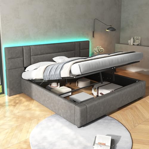 MQLAE Polsterbett 180x200 cm, LED Bett hydraulisches Bettgestell 180x200 mit Stauraum und Lattenrost, Jugendbett Gästebett Doppelbett Bed Frame, für Erwachsene & Jugendliche, PU, Rauch Grau von MQLAE