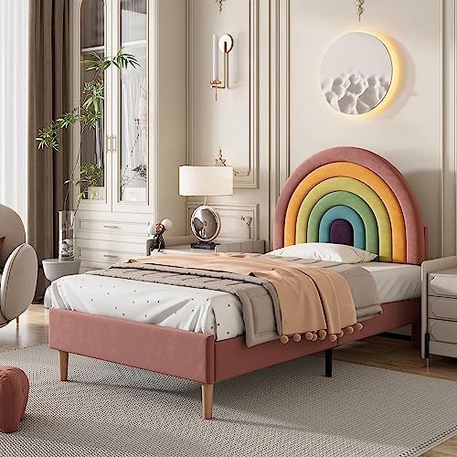 MQLAE Kinderbett 90x200, Einzelbett mit Lattenrost und Regenbogen Kopfteil, Bett für Kinder Erwachsene & Jugendliche, höhenverstellbares Kopfteil, Jugendbett, Polsterbett, Samt (Rosa) von MQLAE